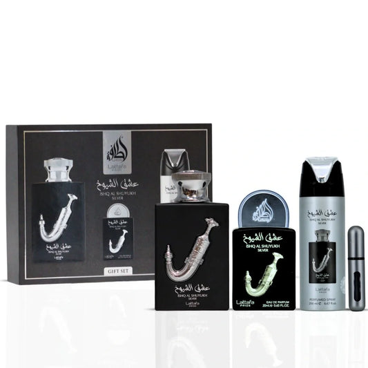 Lattafa Pride Ishq Al Shuyukh Silver 3 Piece Gift Set